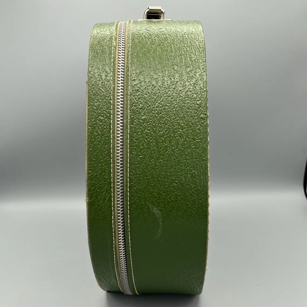 Deep Green Pebble Textured Egg Shaped Retro Vanity Case With Wrap-Around Metallic Zip, Cream Lining And Slim Loop Wrist Carry Strap