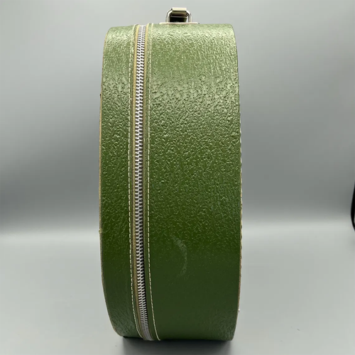 Deep Green Pebble Textured Egg Shaped Retro Vanity Case With Wrap-Around Metallic Zip, Cream Lining And Slim Loop Wrist Carry Strap