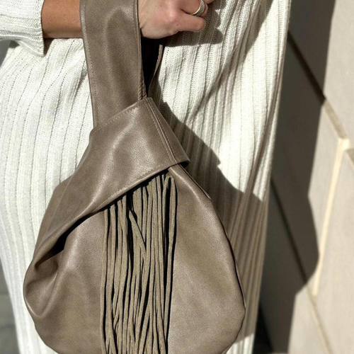 Muted Taupe Knotted Handle Slouchy Pouch With Cascading Matching Tassels, Hidden Zip Closure And Inner Divider Storage Slot Handbag