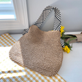 Natural Tan Open Weave Slouchy Tote With Striped Black White Fabric Shoulder Band, Snap Fastener Flap And Smooth Neutral Inner Lining