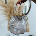 Pale Silver Gold Jacquard Mini Bucket Pouch With Rope Trim Tassel Drawstring, Dual Carry Fixtures And Detachable Crystal Animal Embellishment