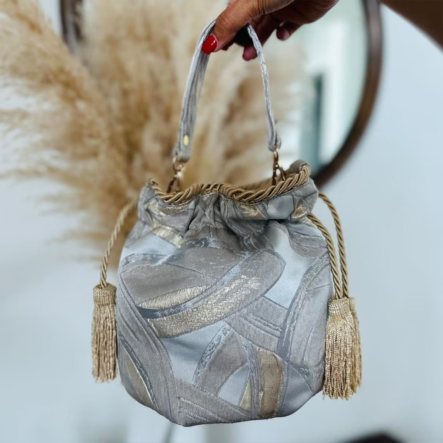 Pale Silver Gold Jacquard Mini Bucket Pouch With Rope Trim Tassel Drawstring, Dual Carry Fixtures And Detachable Crystal Animal Embellishment