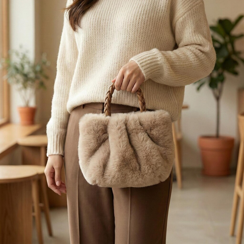 Tri-Tone Plush Gathered Cloud Mini Tote With Intricate Braided Top Handle And Voluminous Fluffy Outer Surface