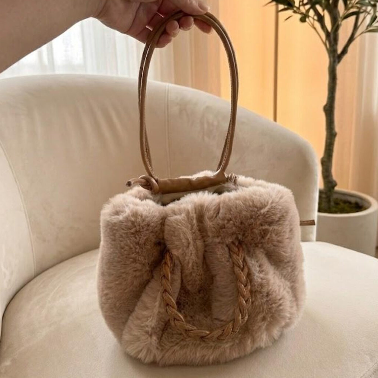 Tri-Tone Plush Gathered Cloud Mini Tote With Intricate Braided Top Handle And Voluminous Fluffy Outer Surface