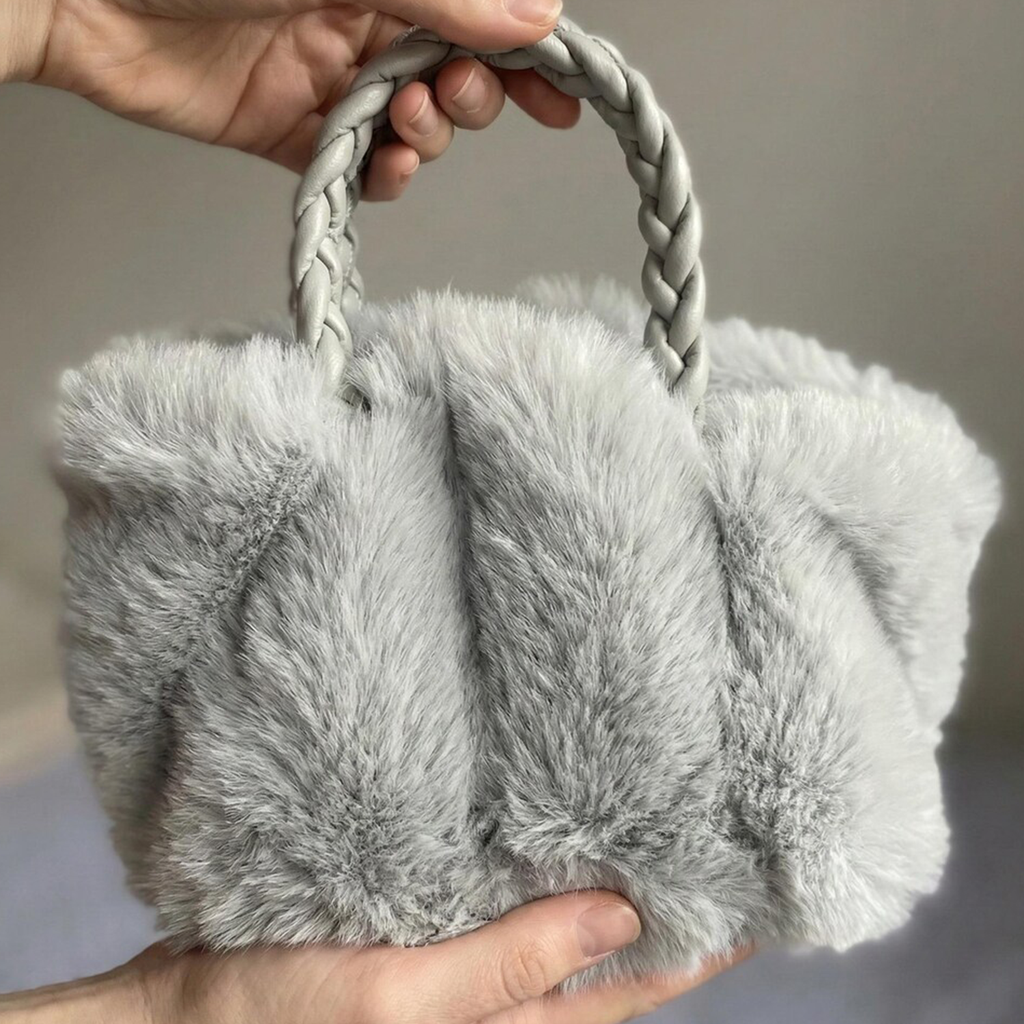 Tri-Tone Plush Gathered Cloud Mini Tote With Intricate Braided Top Handle And Voluminous Fluffy Outer Surface
