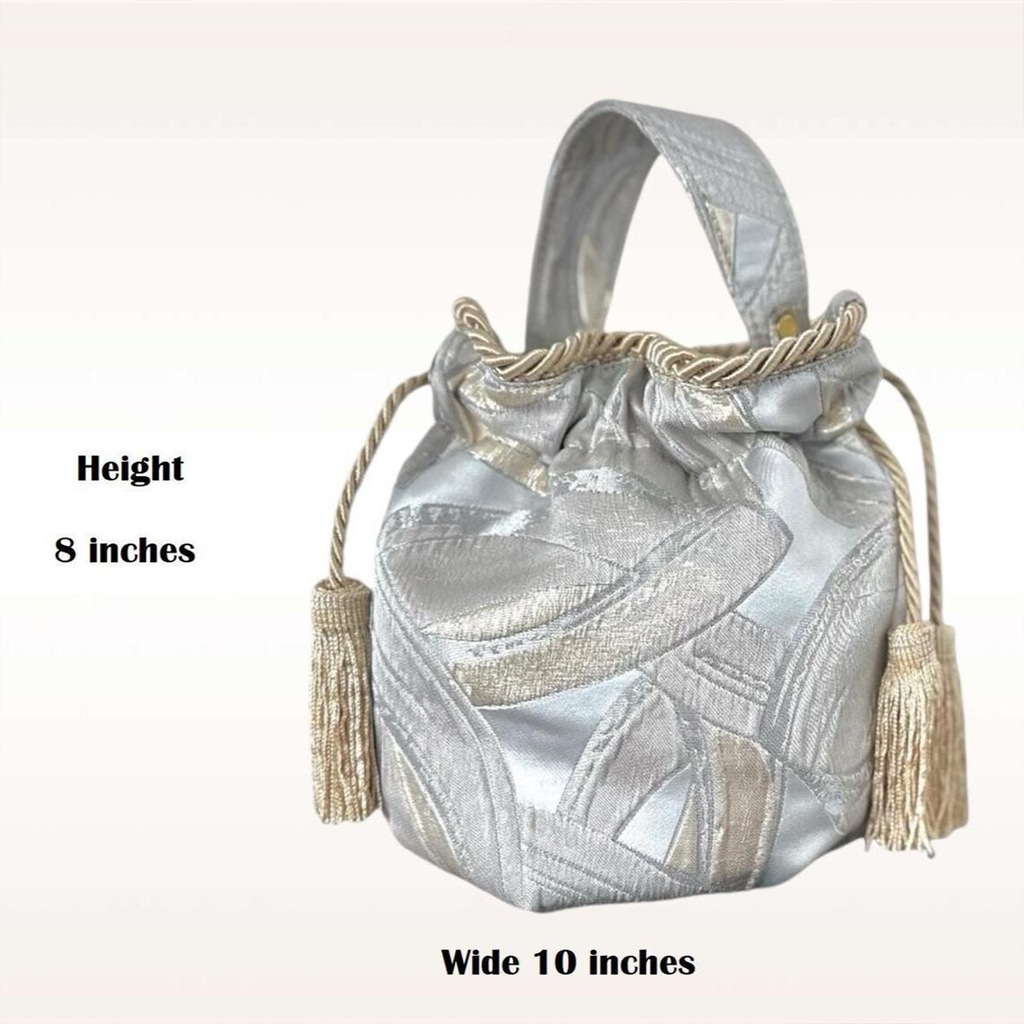 Pale Silver Gold Jacquard Mini Bucket Pouch With Rope Trim Tassel Drawstring, Dual Carry Fixtures And Detachable Crystal Animal Embellishment