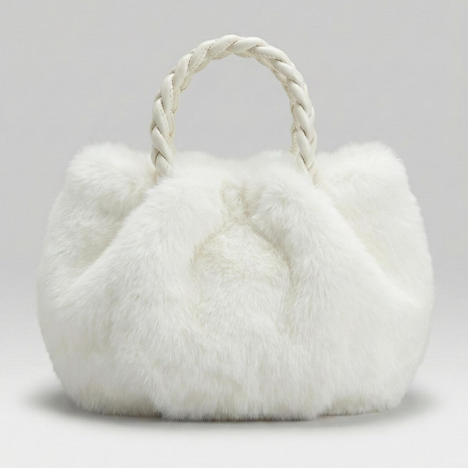 Tri-Tone Plush Gathered Cloud Mini Tote With Intricate Braided Top Handle And Voluminous Fluffy Outer Surface