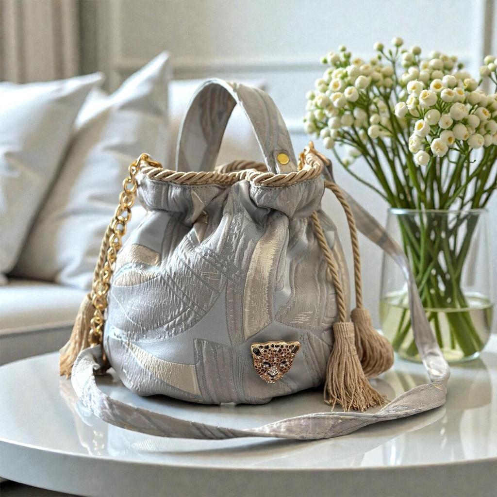 Pale Silver Gold Jacquard Mini Bucket Pouch With Rope Trim Tassel Drawstring, Dual Carry Fixtures And Detachable Crystal Animal Embellishment