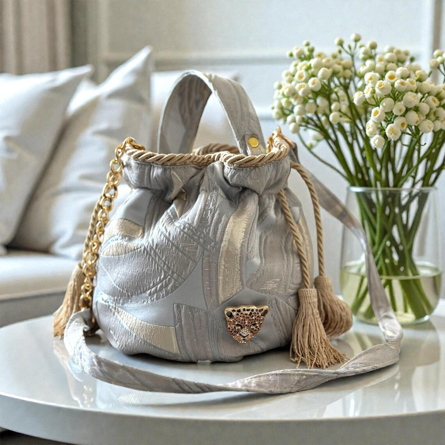 Pale Silver Gold Jacquard Mini Bucket Pouch With Rope Trim Tassel Drawstring, Dual Carry Fixtures And Detachable Crystal Animal Embellishment