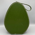 Deep Green Pebble Textured Egg Shaped Retro Vanity Case With Wrap-Around Metallic Zip, Cream Lining And Slim Loop Wrist Carry Strap